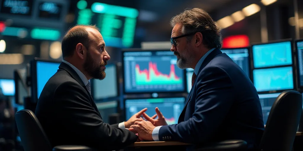two men in a trading room talking to each other and looking at the screen with stock prices on it, E