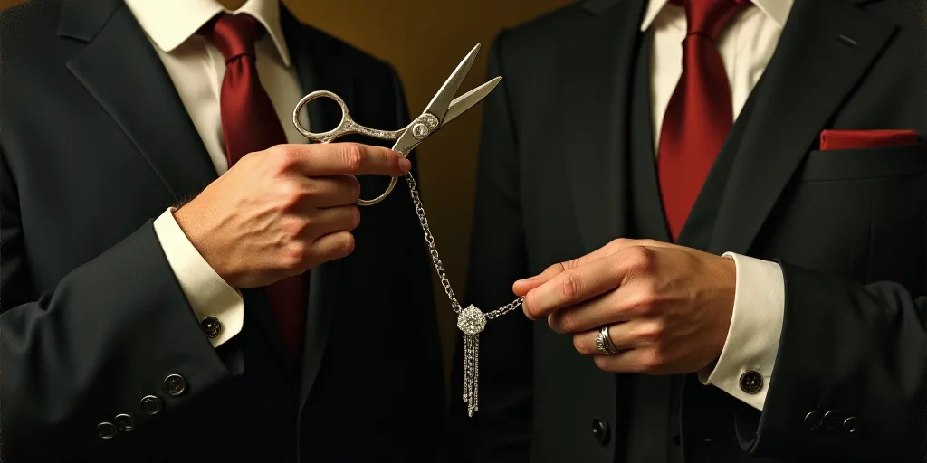 two men in suits and ties are holding a pair of scissors and a necklace with a diamond clasp on it,