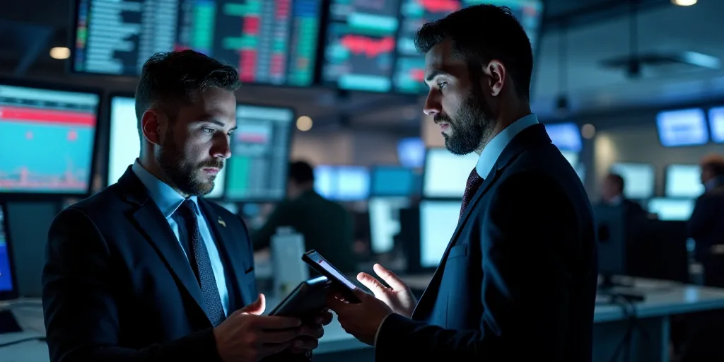 two men in suits and ties are looking at a tablet screen in a trading room with multiple screens on