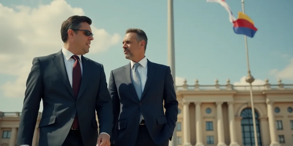 two men in suits and ties walking next to each other in front of a flag and a building with a flag,