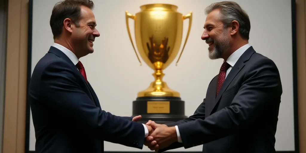two men in suits are shaking hands in front of a poster with a gold trophy on it and a gold cup, Dah