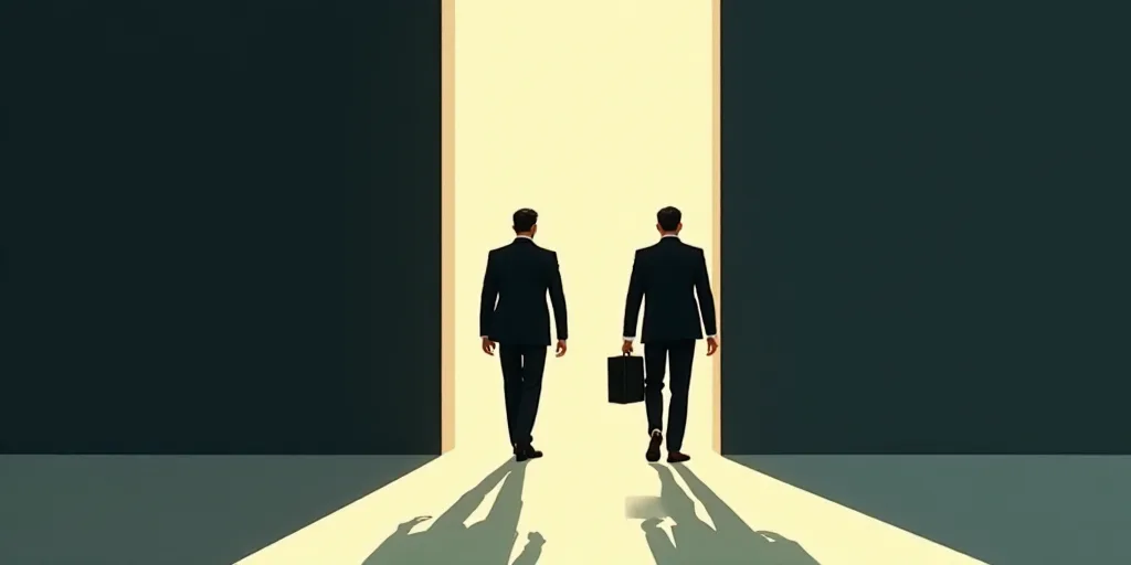 two men in suits are walking through a doorway with a light coming through them and one man is holdi
