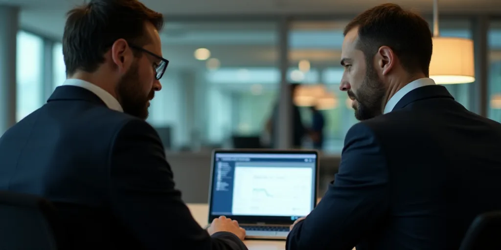 two men in suits looking at a laptop screen with the caption'ux affifiates ', Diego Gisbert Llorens,