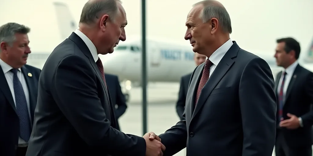 two men in suits shaking hands at an airport with other people in the background and one man in a su