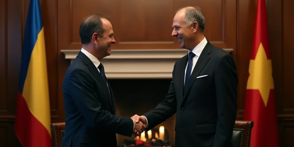 two men in suits shaking hands in front of flags and a fireplace in a room with wood paneling, Dahlo