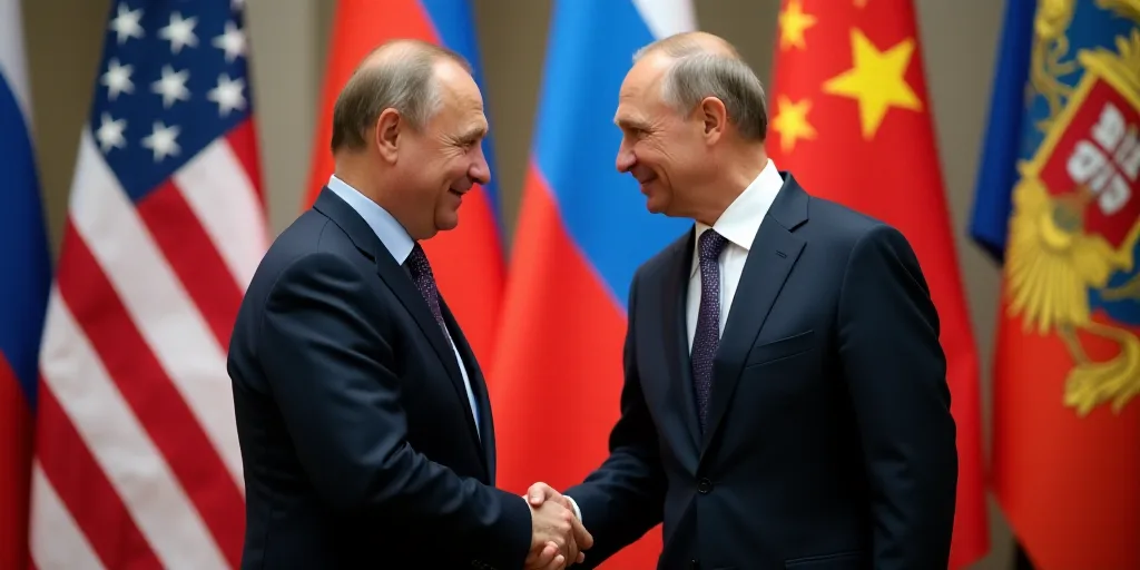 two men in suits shaking hands in front of flags of different countries and flags of the usa and the