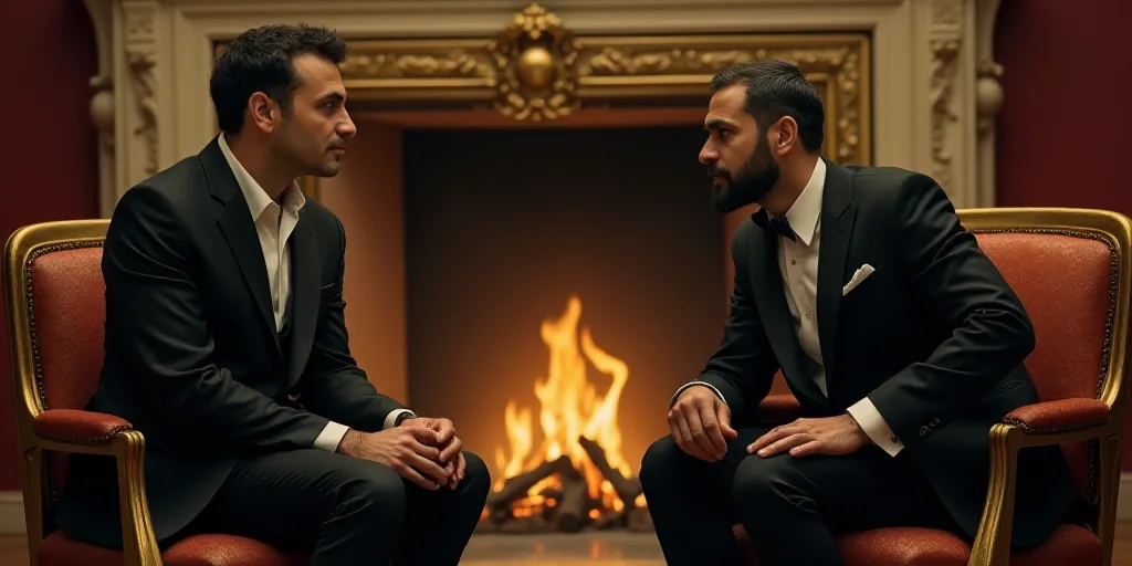 two men in suits sitting on chairs talking to each other in front of a fireplace with gold decoratio