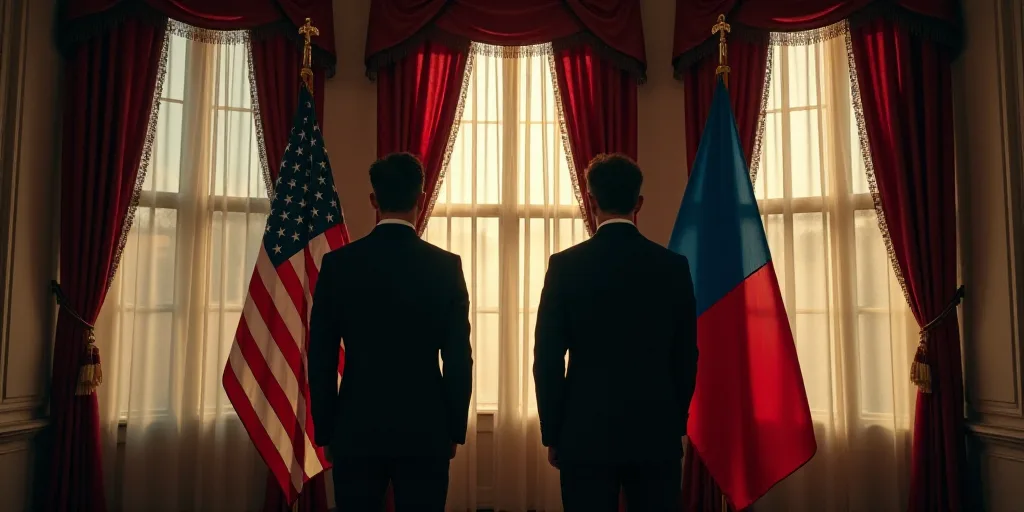 two men in suits standing in front of flags in a room with windows and curtains on the walls, one of