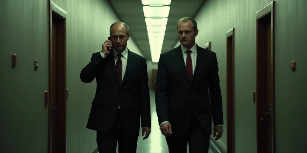 two men in suits walking down a hallway together, one of them is talking on the phone and the other