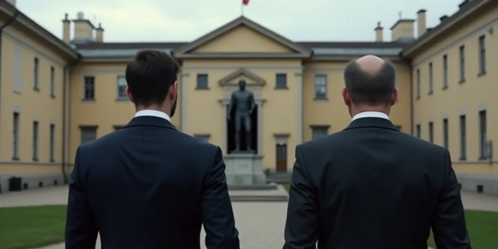 two men in suits walking next to each other in front of a building with a flag on it and a statue of