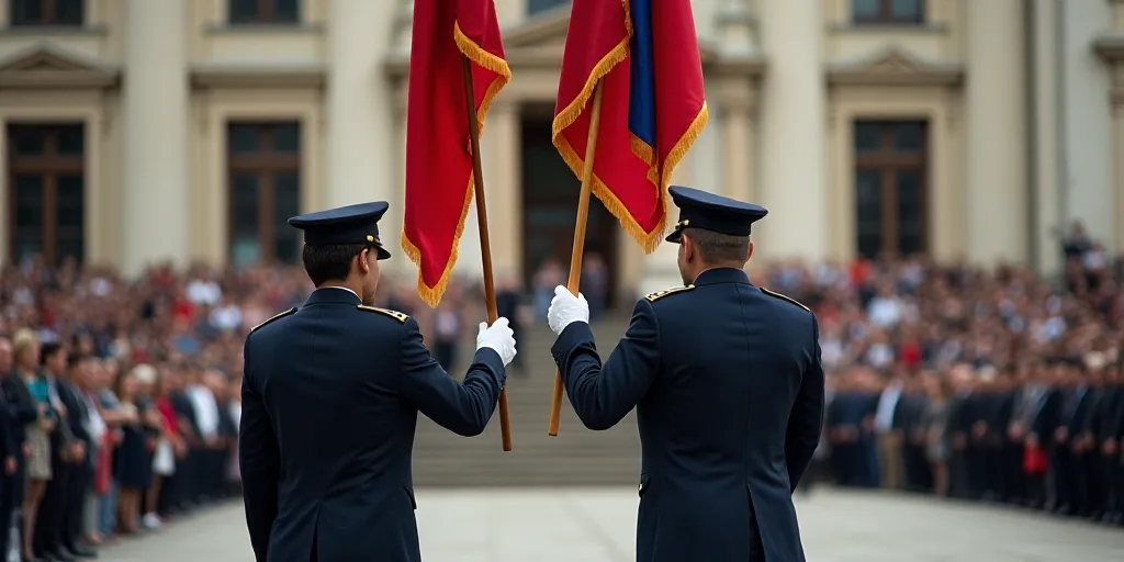 two men in uniform holding flags in front of a building with a crowd of people watching them from th