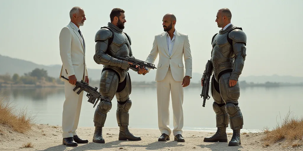 two men in white suits and one in camouflage holding a large metal object in his hand and another in