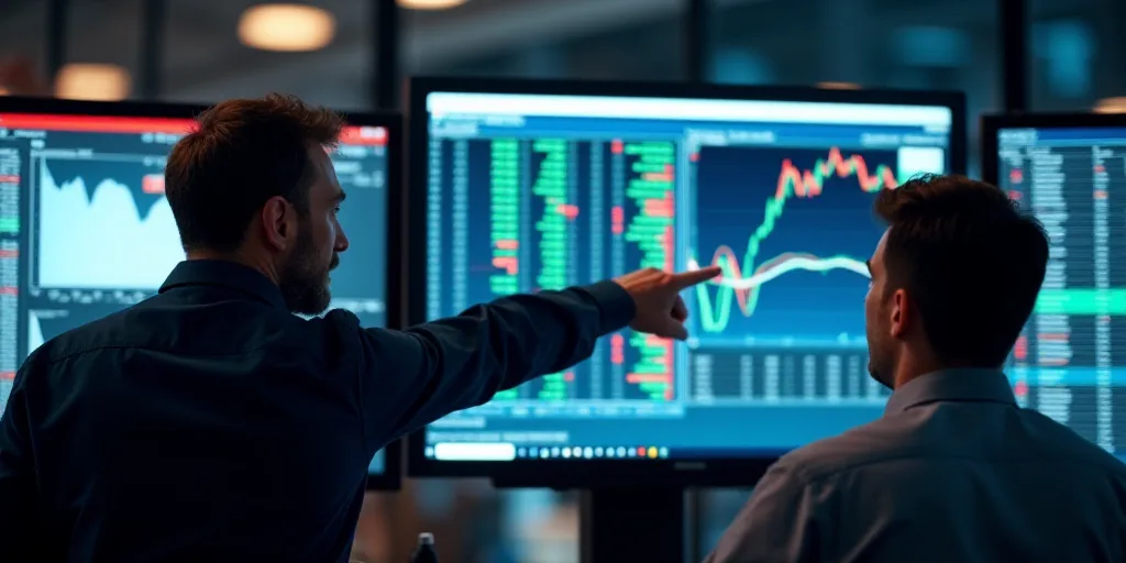 two men looking at a display of stock on a wall of monitors in a stock market, one pointing at the s