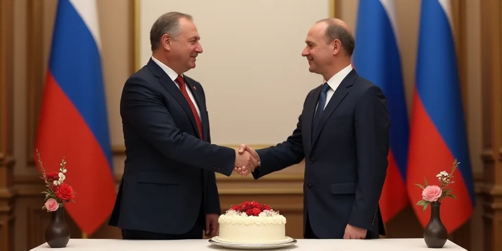 two men shaking hands in front of flags and a table with a cake on it and a vase with flowers, Boris