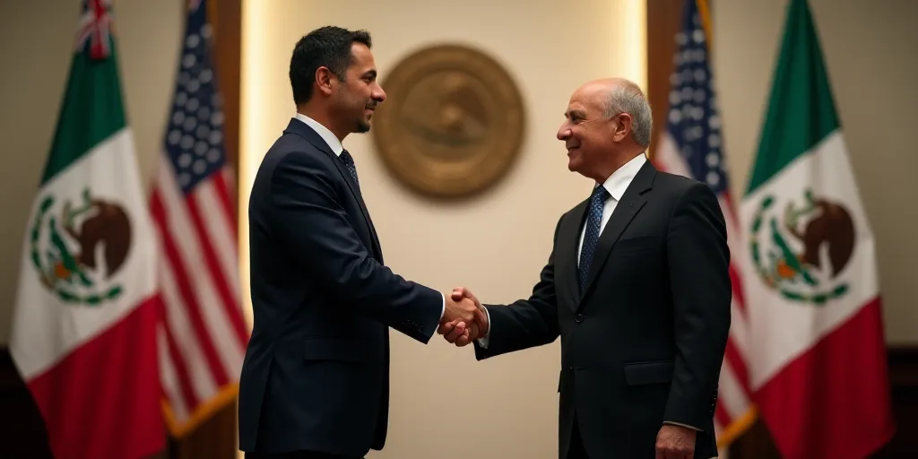two men shaking hands in front of flags and a seal of the united states of mexico and mexico on a wa