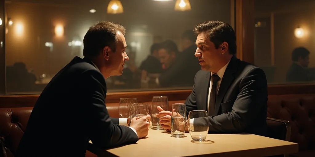 two men sitting at a table talking to each other in a restaurant with empty glasses of water on the