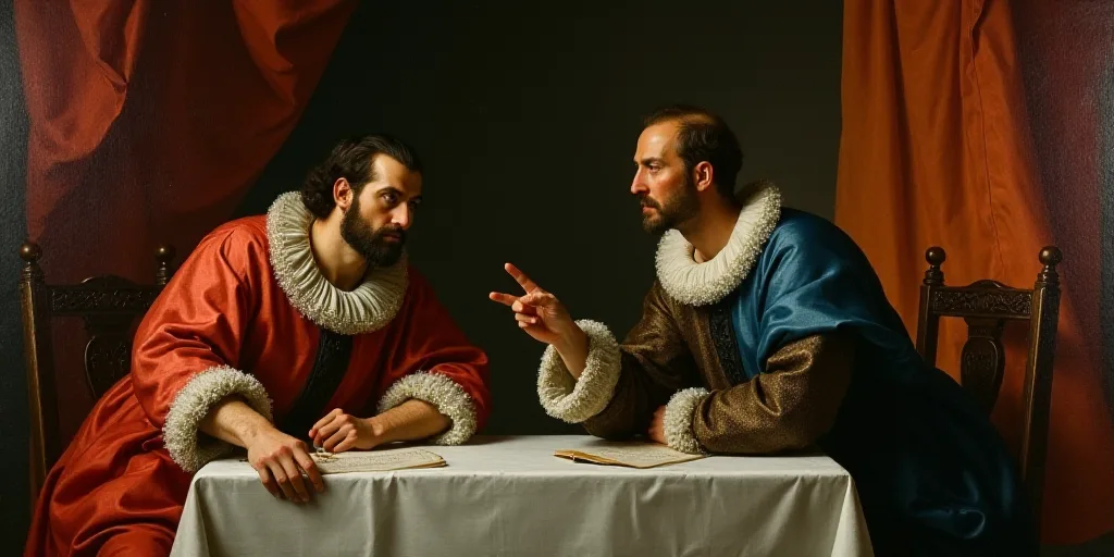 two men sitting at a table with flags behind them and one man pointing at something in the distance