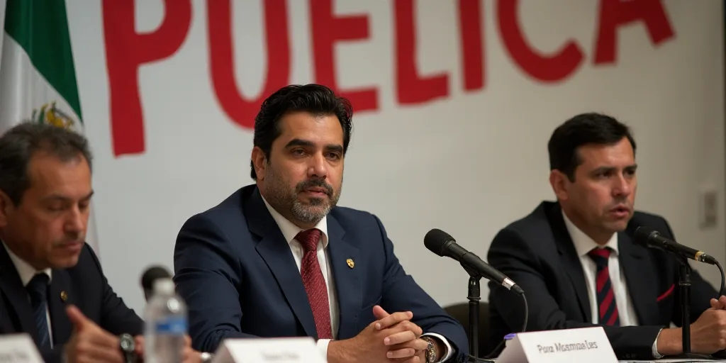 two men sitting at a table with microphones in front of them and a banner behind them that says pueb
