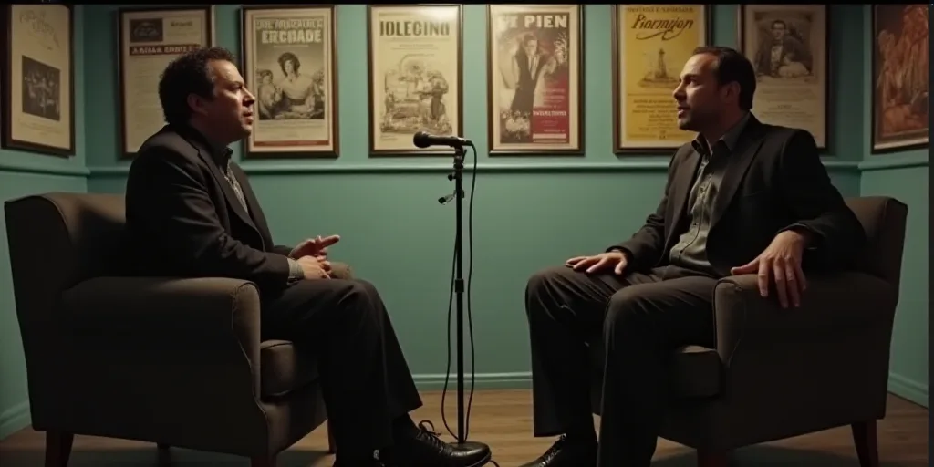 two men sitting in chairs talking to each other in front of a wall with posters on it and a micropho