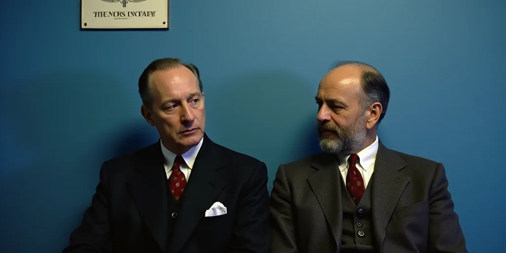 two men sitting next to each other in front of a blue wall with a white sign behind them and a blue