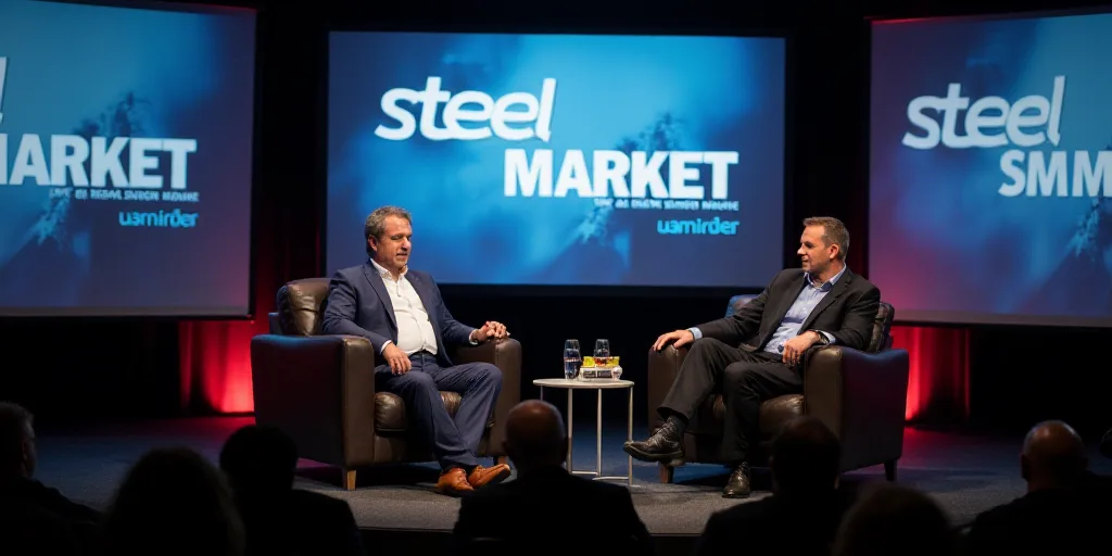 two men sitting on chairs in front of a stage with a large screen behind them that says steel market