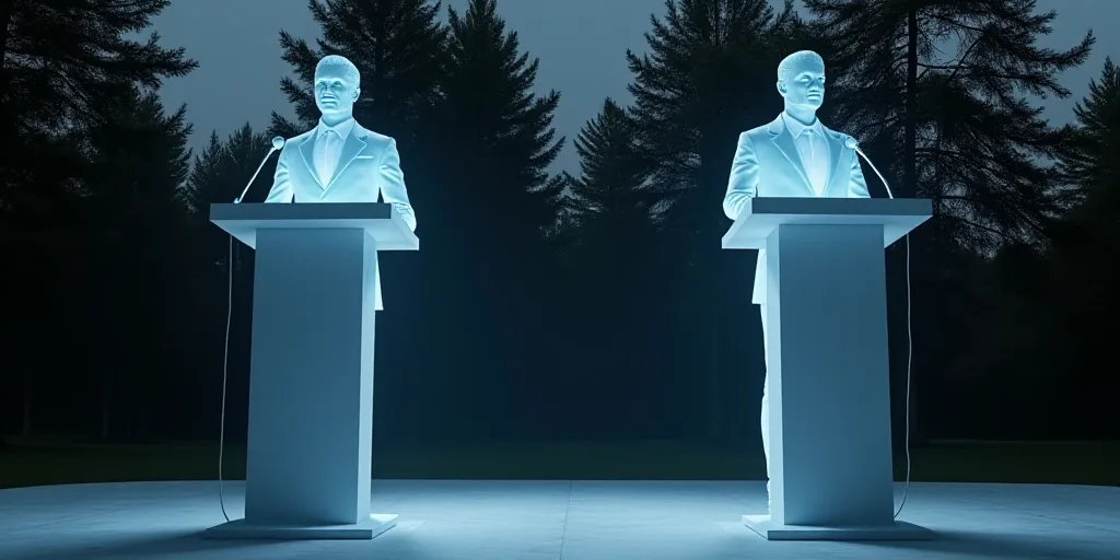 two men standing at podiums with microphones in front of them and trees in the background, with a ma