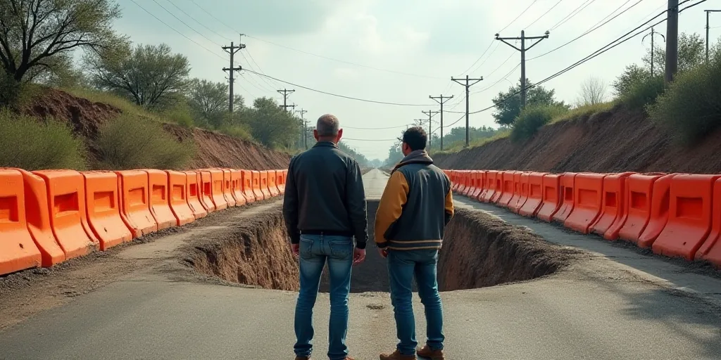 two men standing in front of a hole in the road that is being built into the ground with orange barr