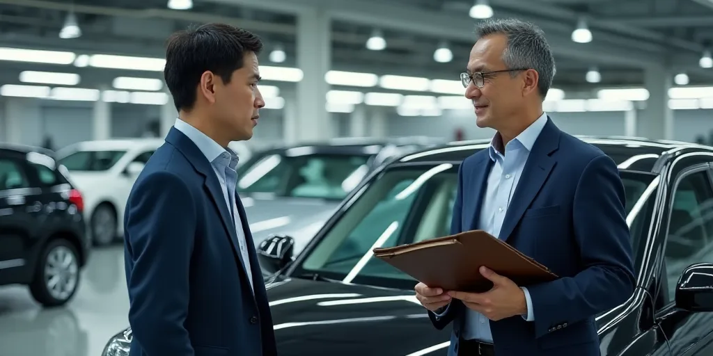 two men standing next to a car in a factory with other cars in the background and a man holding a cl