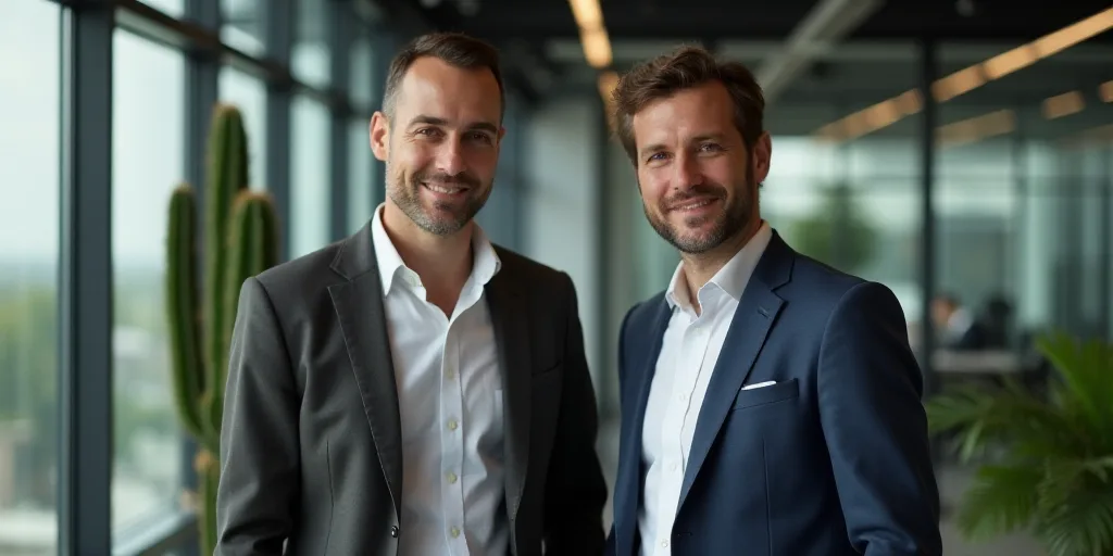 two men standing next to each other in an office setting with a cactus in the background and a glass