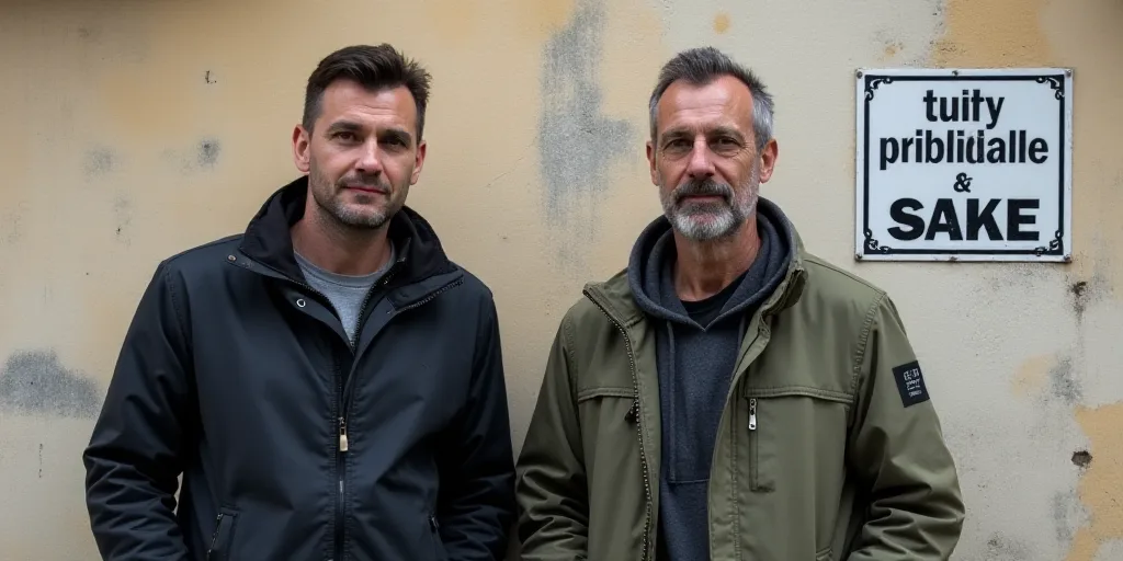 two men standing next to each other in front of a wall with a sign on it that says and publica, Cefe
