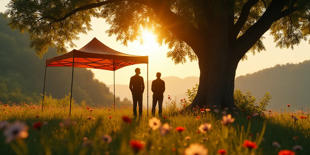two men standing under a tent next to a tree and flowers on a sunny day in the sun,, Ceferí Olivé,