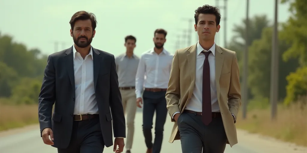 two men walking down a road with a camera man behind them and a man in a white shirt and tie, Carlos