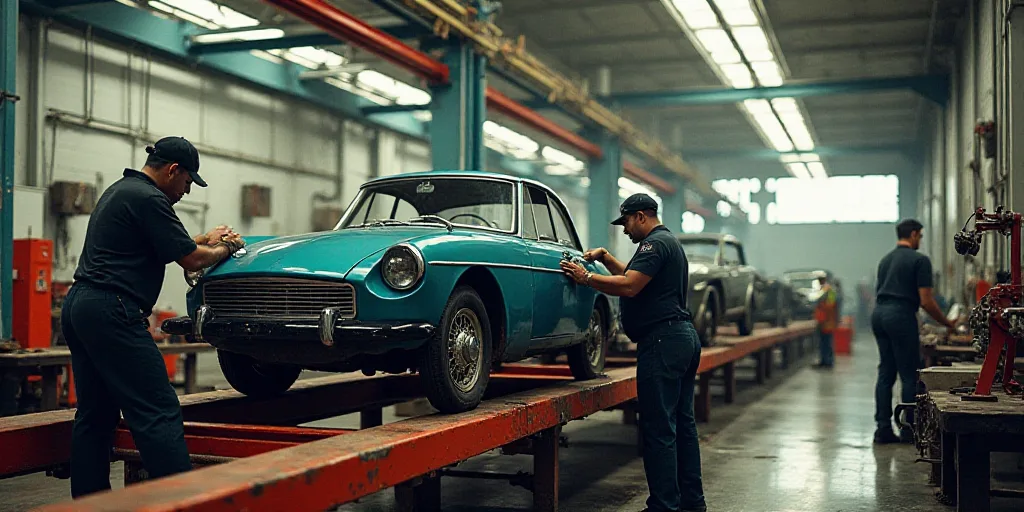 two men working on a car in a factory with other workers nearby on a platform with a car on it, Estu