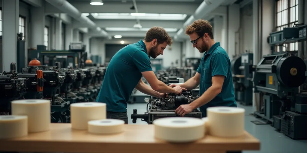 two men working on a machine in a factory with other machines in the background and a table with sev