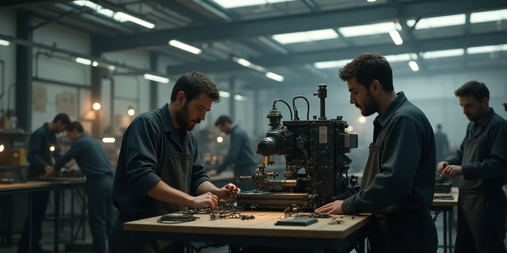 two men working on a machine in a factory with other workers in the background looking at it and wor