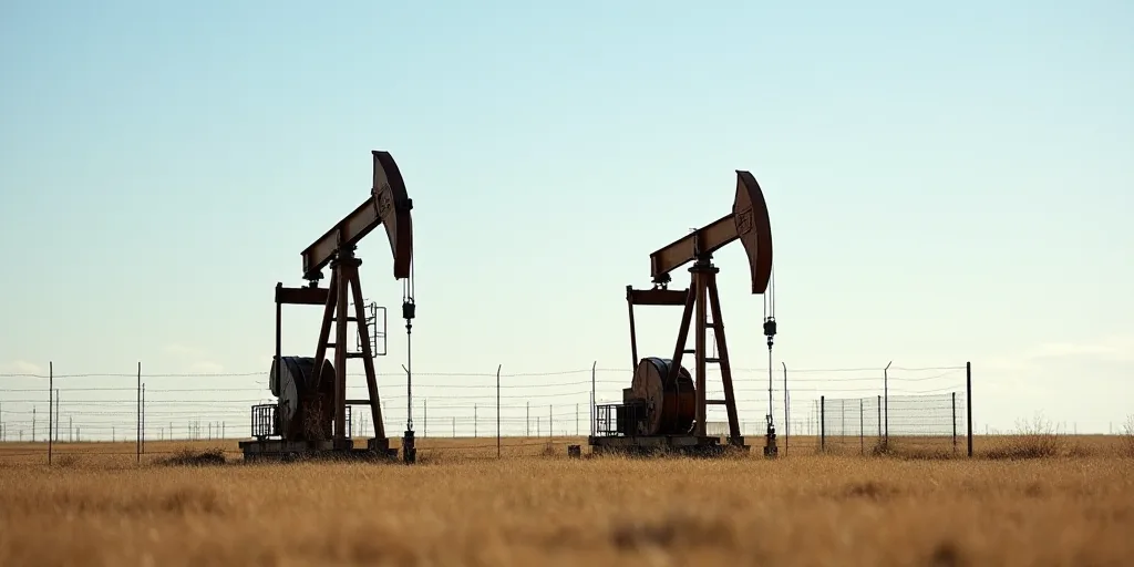 two oil pumps sitting in the middle of a field with a sky background and a fence around them that ha