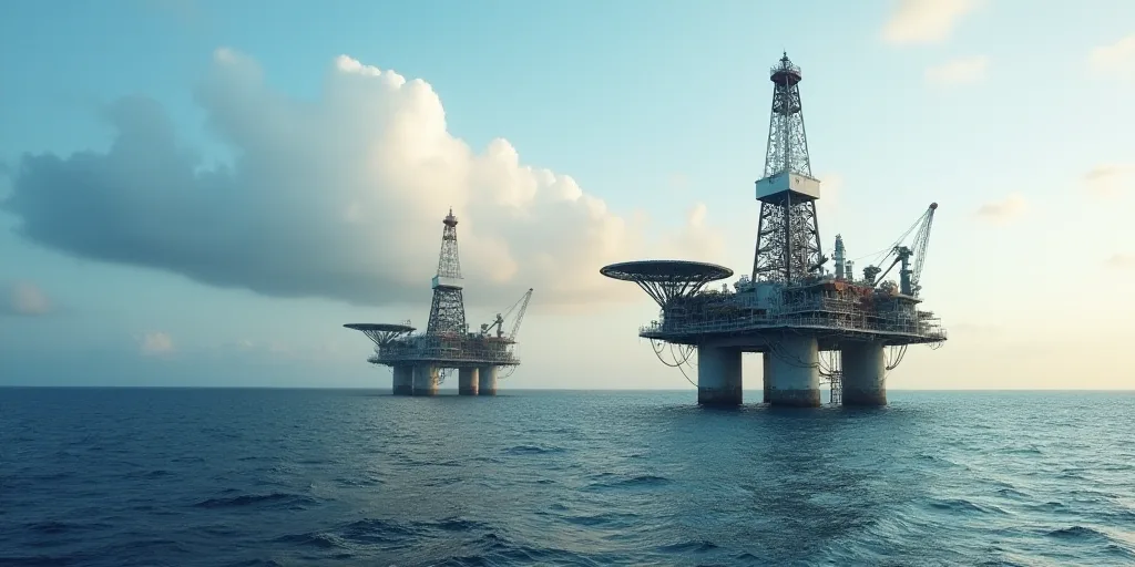 two oil rigs in the middle of the ocean with a sky background and clouds in the background,, Constan