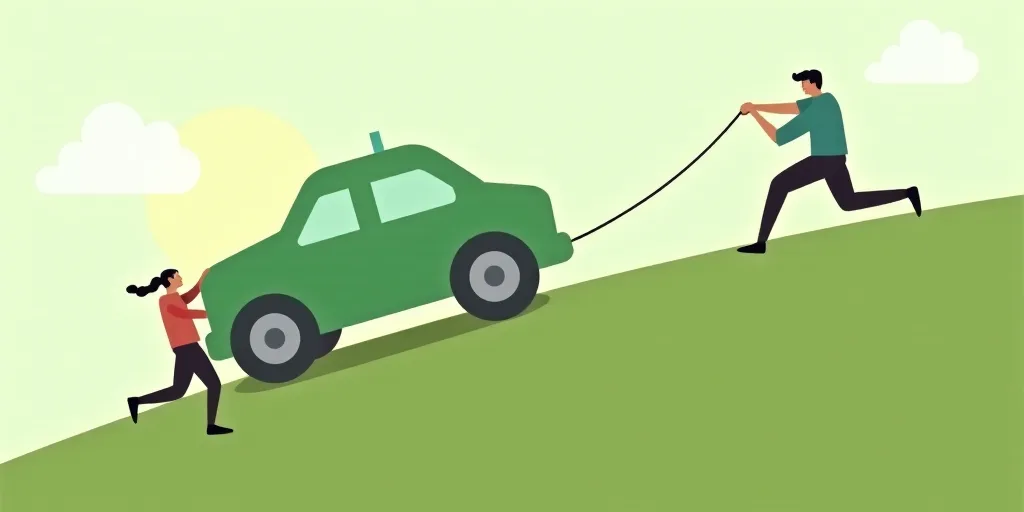 two people are trying to pull a large green object up a hill with a rope on it and a man is holding
