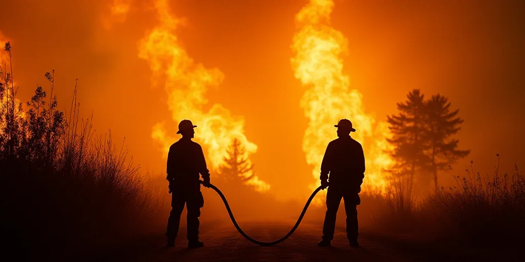 two people holding fire hoses in front of a fire filled sky with trees and bushes in the background,