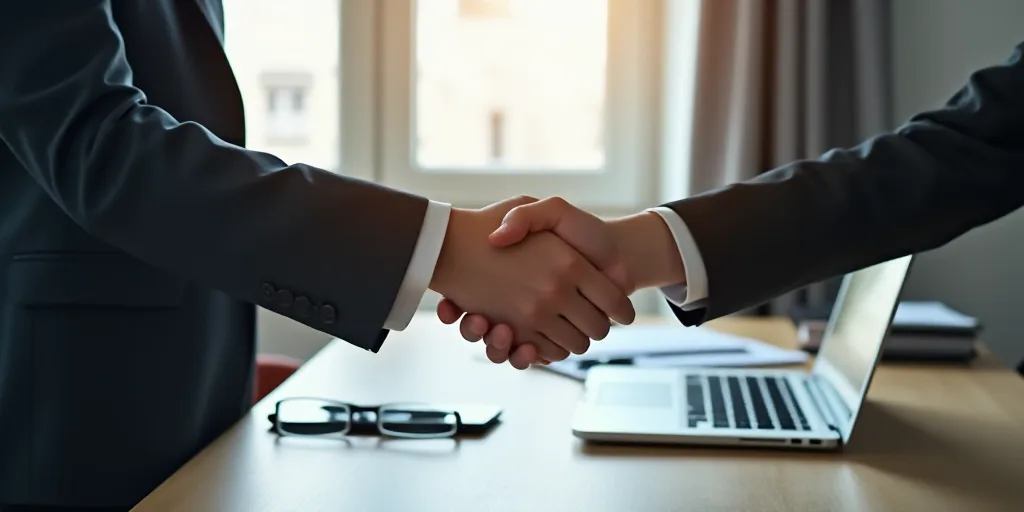 two people shaking hands over a desk with a laptop and a binder on it, with a laptop on the desk, Av