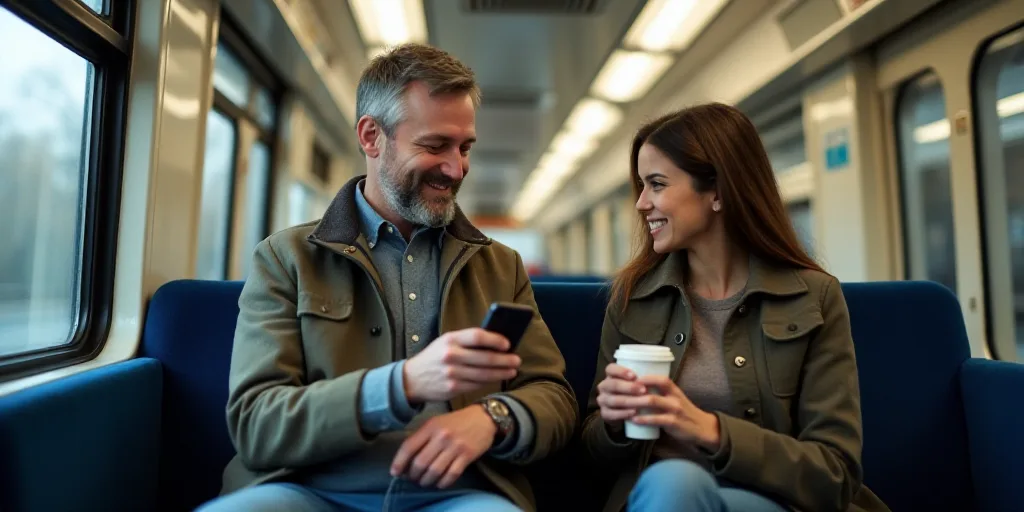 two people sitting on a train looking at a cell phone and smiling at each other while holding a cup