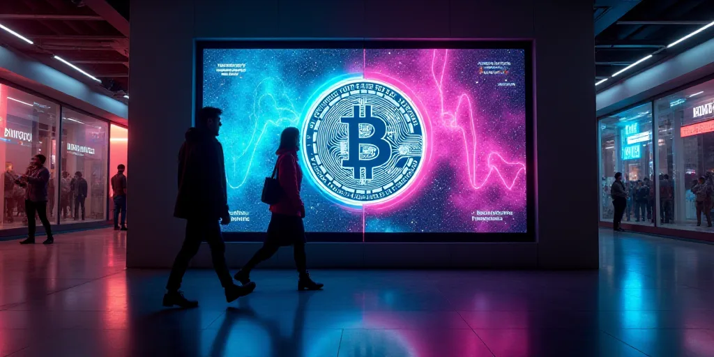 two people walking past a display of a large screen with a bit coin on it in a building with a neon