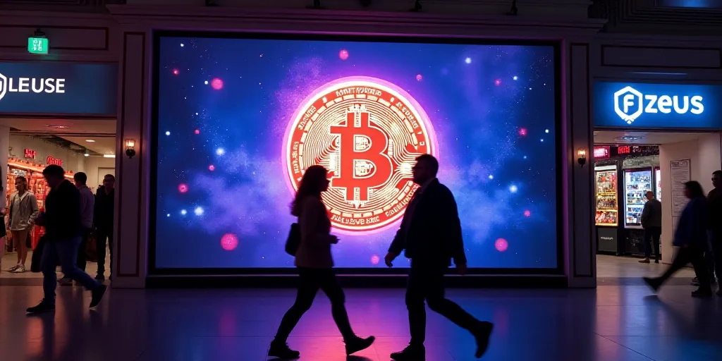 two people walking past a display of a large screen with a bit coin on it in a building with a neon