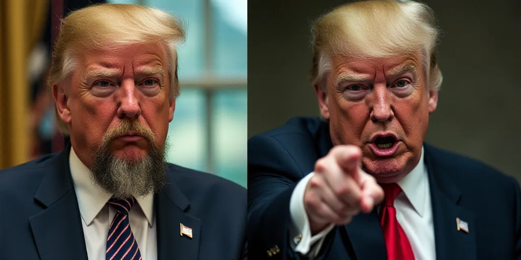 two pictures of donald trump and a man with a beard and a suit jacket and tie, one of which is point