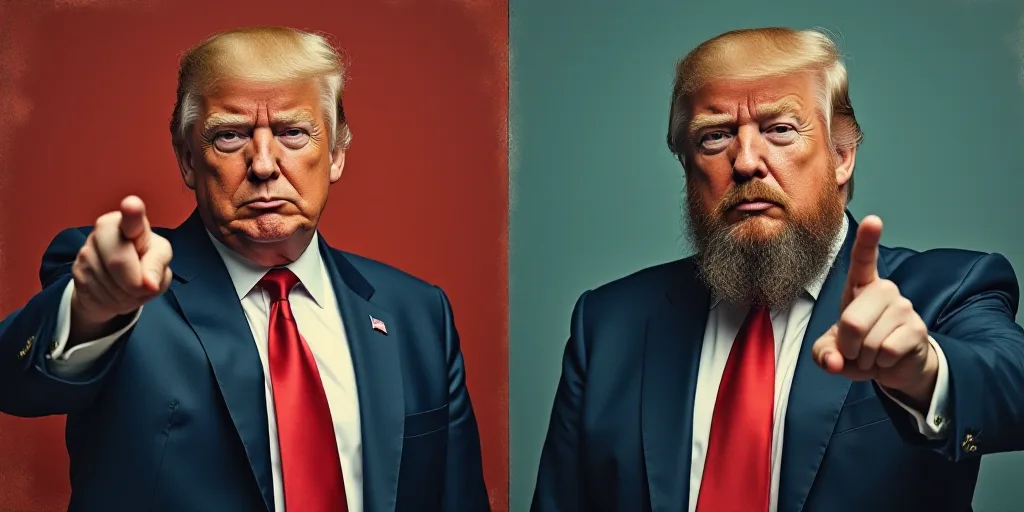 two pictures of donald trump and a man with a beard and a suit jacket and tie, one of which is point