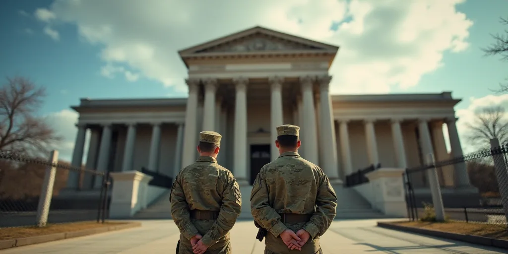 two soldiers standing in front of a building with columns and a chain fence around them, with a sky