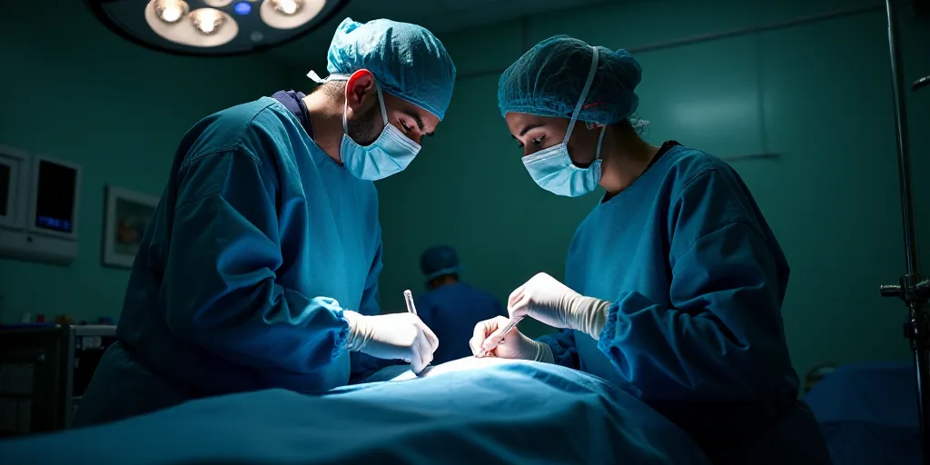 two surgeons performing surgery on a patient in a hospital room at night time with lights on and on