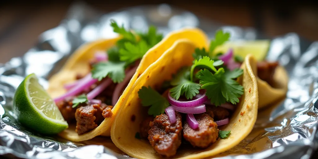 two tacos with meat, onions, and cilantro on a foil wrapper with lime wedges, Altichiero, profession