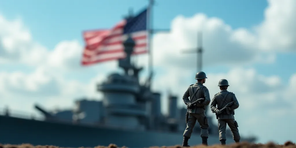 two toy soldiers are standing in front of a battleship and an american flag flying in the background