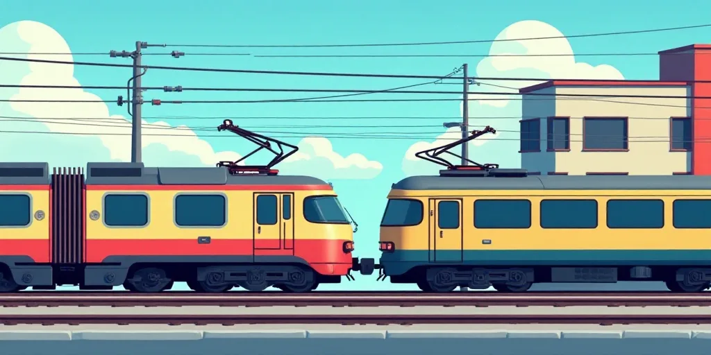 two trains are on the tracks near a building and a traffic light in the background with a blue sky,